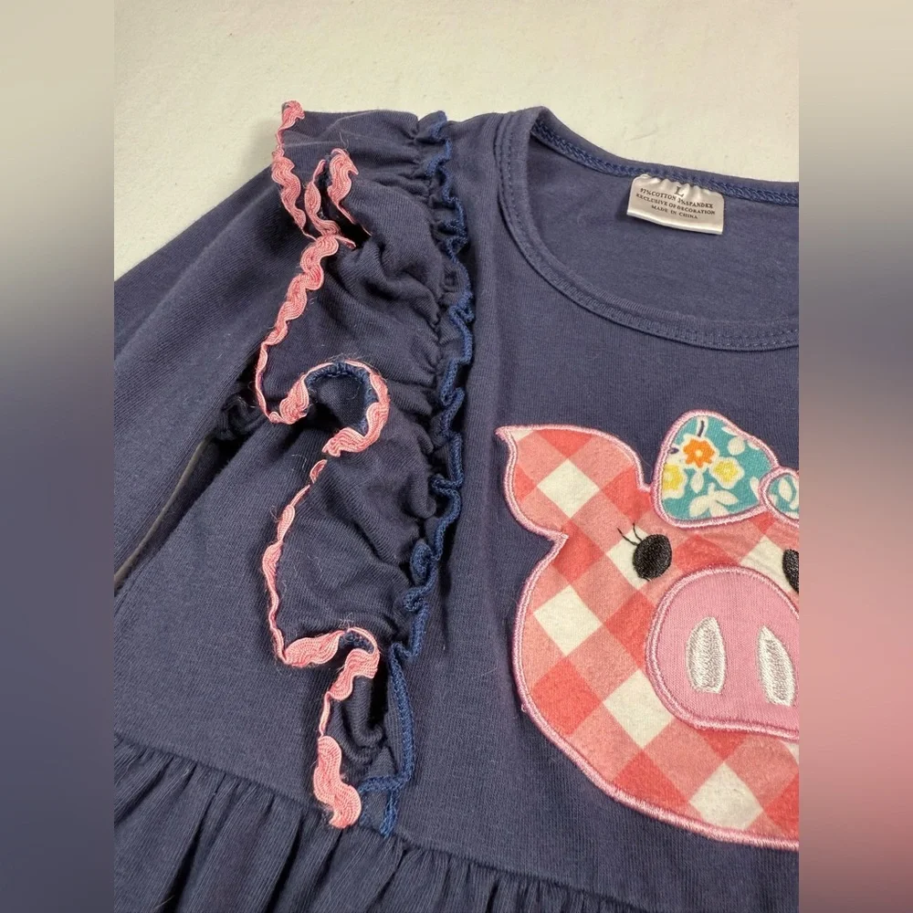PIGGY FRIENDS Girls Pig Applique Ruffle Dress L 5/6 Gingham Farm‎ Cowgirl 4-H